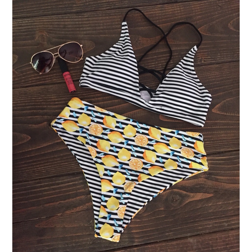 NWT Cupshe Stripe Lemon High-Waisted Bikini